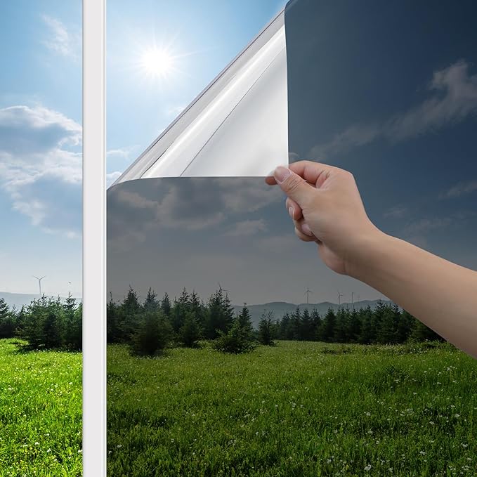 Haton Window Privacy Film One Way Window Tint for Home, Sun UV Blocking Heat Control Reflective Mirror Film, No Glue Static Cling See Out Not in Glass Door Covering, Black Silver, 23.6" x 157.4"