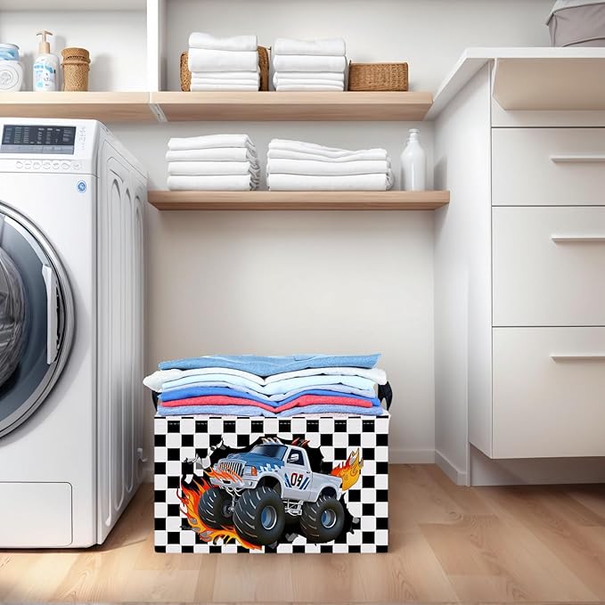 ASKETAM Racing Car Storage Basket Monster Truck Toy Book Shelf Basket Kid Room Decor Gift (Black and White Checkered)