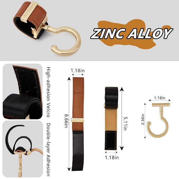 2 Pack Stroller Hooks,Strong Synthetic Leather Hook-and-Loop Fastener&High-Quality Metal Hooks,Universal Bag Clip|360° Rotation, 66lb Capacity,Non-Slip-Fits Wheelchair(Brown-Pink Gold)
