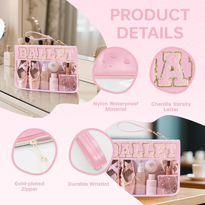 Chenille Letter Clear Zipper Pouch for Travel Preppy Patch Makeup Bag-Nylon Cosmetic Preppy Makeup Waterproof Organizer Bag Set for Women Valentines Bag (FS-BALLET)