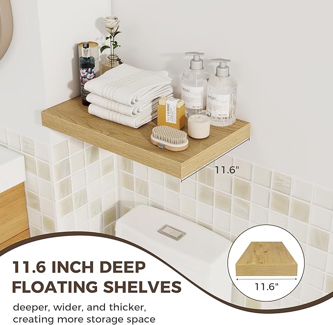 Fun Memories 12 Inch Deep Floating Shelves for Wall, 20 Inch Long Wall Mounted Storage Shelf with Invisible Brackets, 3 Pack Hanging Wood Shelf for Farmhouse, Bedroom, Kitchen, Living Room, Oak