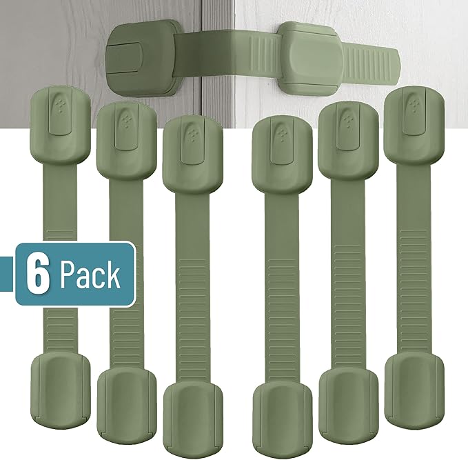 Bates- Child Safety Strap Locks, 6 Pack, Dusty Green, Baby Cabinet Locks with Adjustable Strap Length