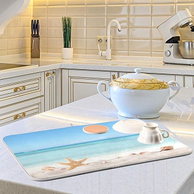 Summer Starfish Sandy Dish Drying Mat Seaside Coast Dry Pad Bottle Dryer Rack Kitchen Decor absorbent Easy Clean Drainer Mats for Kitchen Counter Sinks 18"x24"