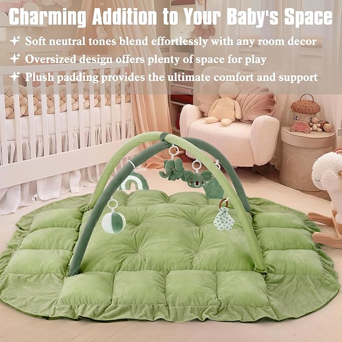 5-in-1 Plush Baby Play Gym, Baby Play Mats, Convertible Baby Gym, Tummy time mat, 6 Sensory Toys, Activity Center, Ball Pit, Green