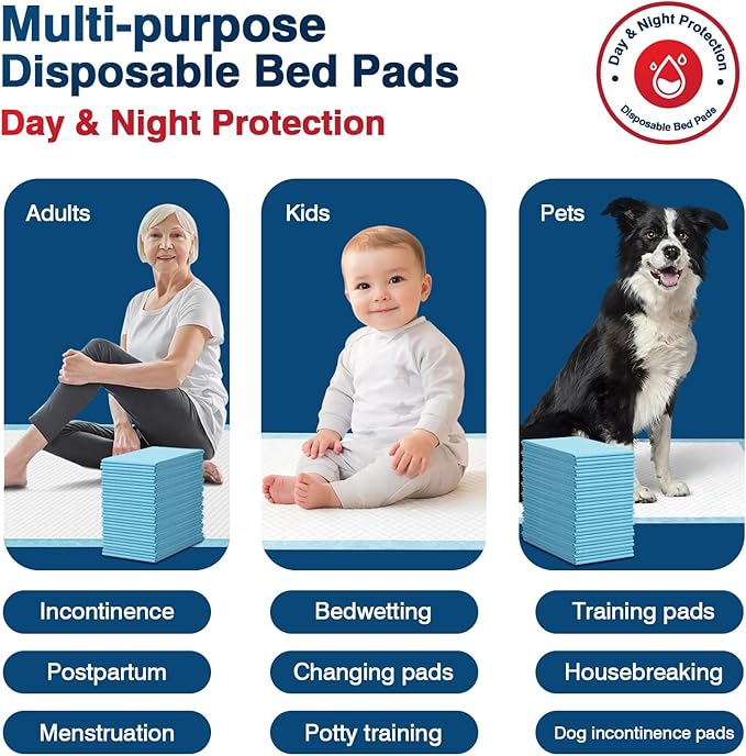 Tear-Resistant Disposable Bed Pads 30" x 36" 50 Count Absorbent Underpads, Chux Thicker Extra Large Incontinence Bed Pads, Pee Pads for Adults, Kids, Elderly, Pets