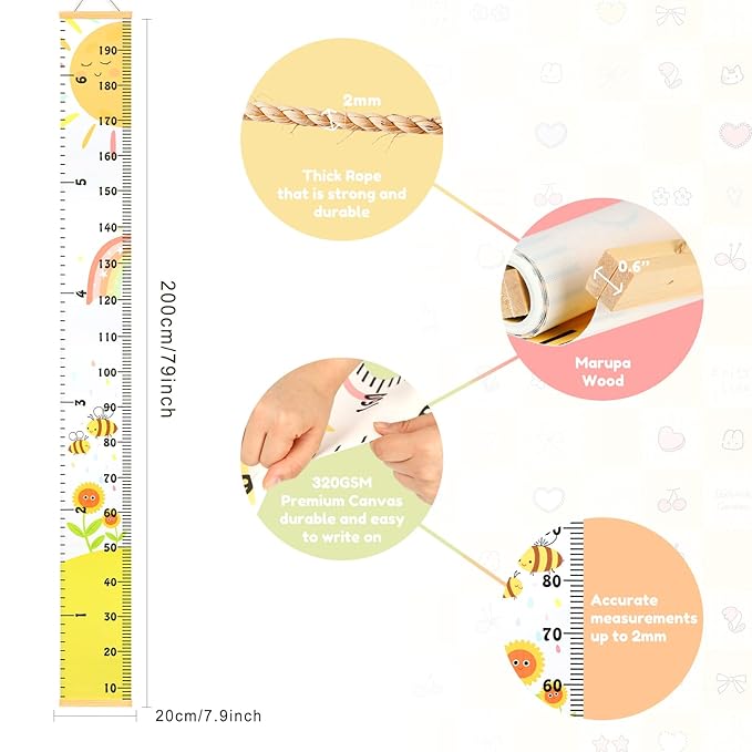 Mibote Baby Growth Height Chart Handing Ruler Wall Decor for Kids, Canvas Removable Height Growth Chart 79" x 7.9" (Sunshine)