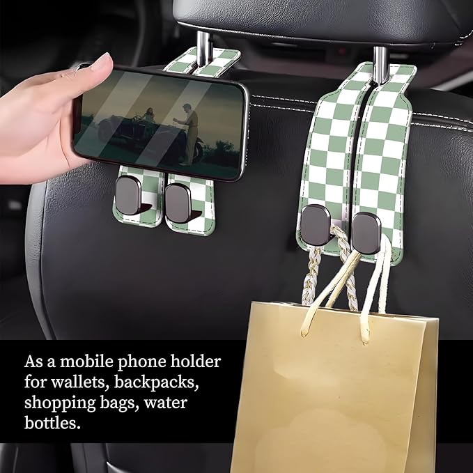 NUGGHU Car Seat Headrest Hook, Universal Leather Cute Hanger Holder Hook, Storage Organizer Interior Accessories for Purse Bags Handbag Green Plaid