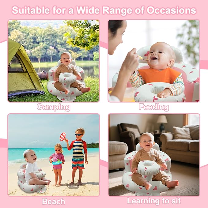 Inflatable Baby Seat for Babies 3-36 Months, Baby Chair with Fence & Built in Air Pump, Blow Up Floor Baby Seat with Back Support, Inflatable Baby Chair Sit Me Up for Home Pink Rabbit-Tray