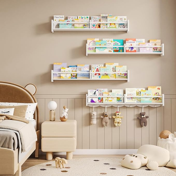 34Inch Nursery Bookshelves,Set of 4,Wall Floating Shelf Kids Coat Rack with 6Hooks,Hanging Book Shelf for Baby Nursery Room Décor ，Patent Number: 29958098(White, 34)