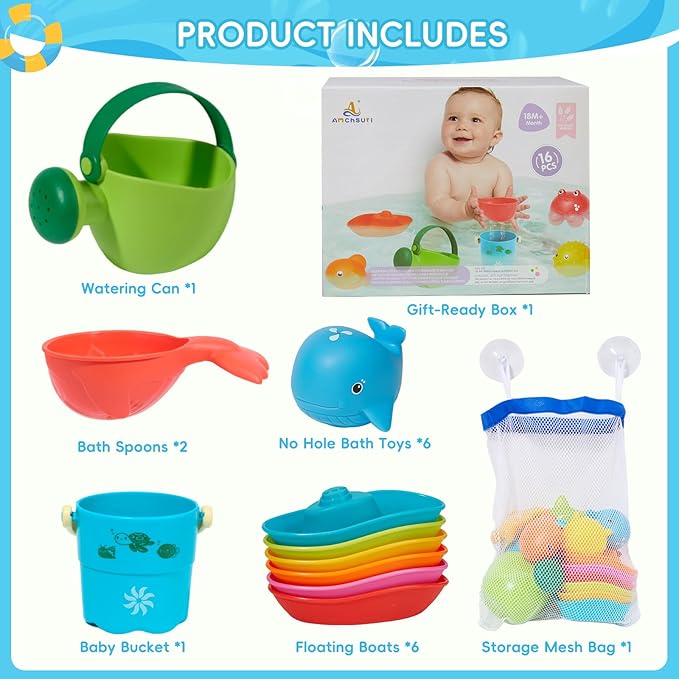 Baby Bath Toys for Kids Ages 1-3, 16PCS Mold Free Bath Toys for Toddlers 2-4 Bathtub Water Table Pool Sand Play Toys, Birthday & Festival Gifts for Babies and Toddlers