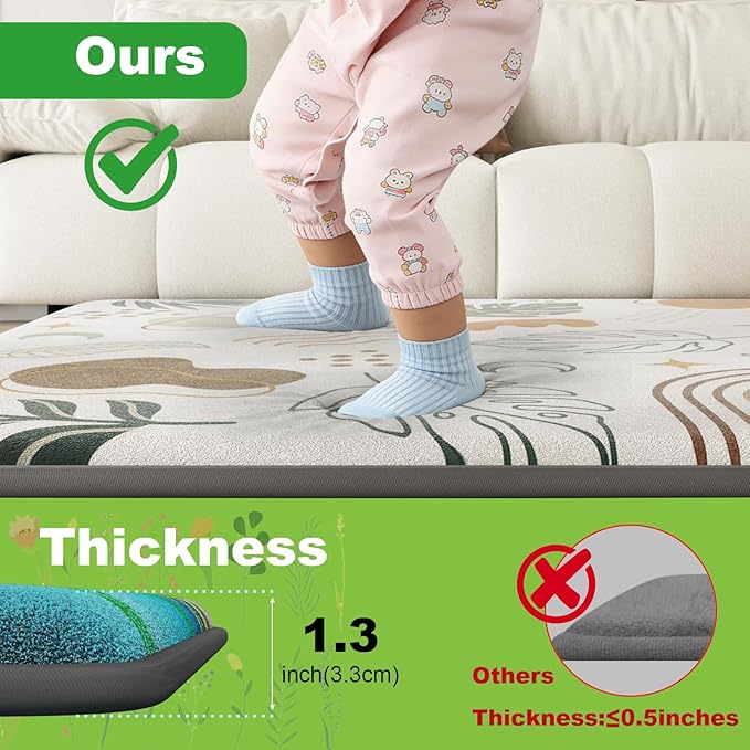 1.3" Thick Baby Play Mat for Floor, Elasti-Foam 50x50 Playpen Mat, Water Repellent Ultra Soft Coral Velvet Tummy Time Crawling Mats for Kid Toddlers Infants, Non-Slip Backing Safe for Earth Tones
