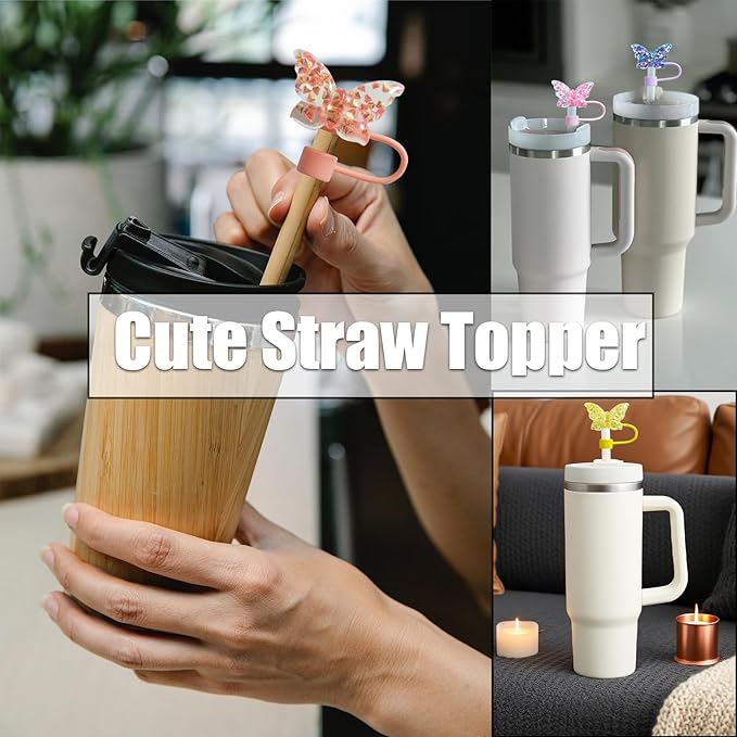 6Pcs 10mm Sparkling Butterfly Straw Cover for Stanley Cup,Dust-Proof Straw Topper for 30&40 oz Tumblers and Water Bottles,Reusable Tumbler Cup Accessories for Stanley，Funny Gifts for Women & Girls