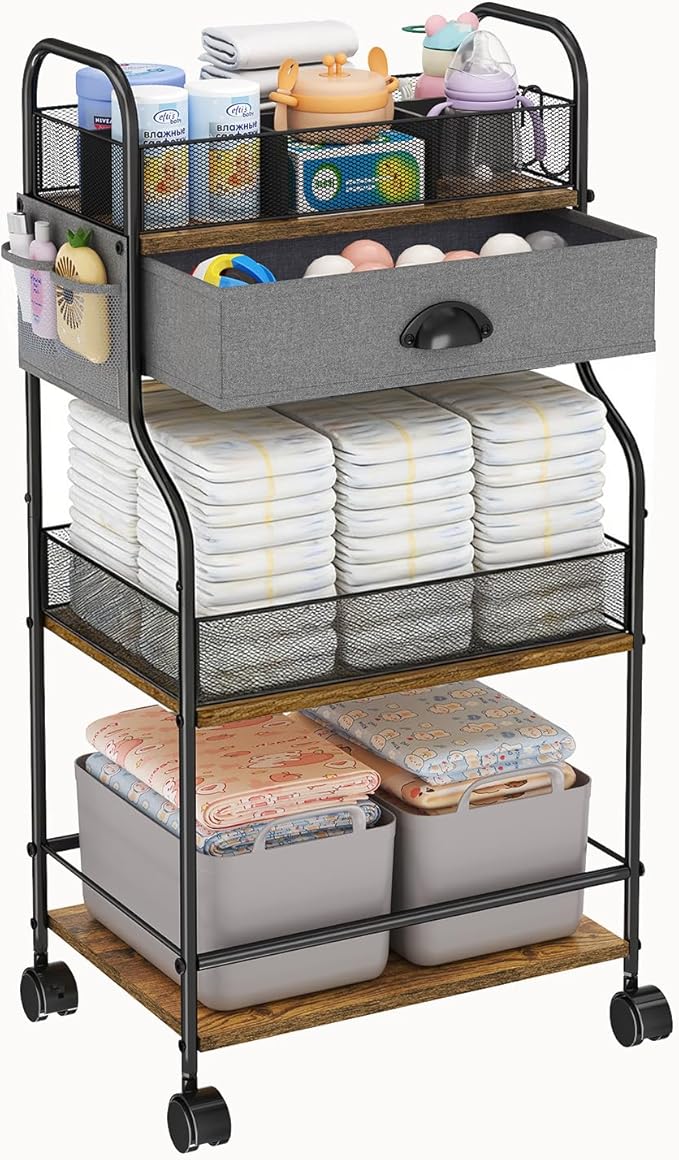 3-Tier Baby Diaper Caddy Cart Organizer with Drawer,Rolling Utility Cart & Bedside Nursery Essential Storage for Newborn Baby Stuff, 2+1 Divider, Baby Storage Organizer for Bedroom,Changing Table,Grib