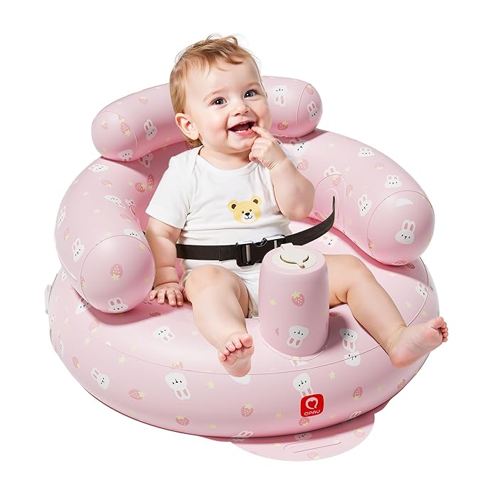 QPAU Inflatable Baby Seat with Safety Harness for Babies 3 Months & Up, Baby Floor Seats for Sitting Up, Baby Seats for Infants, Blow Up Baby Chair with Built in Air Pump (Pink Rabbit)
