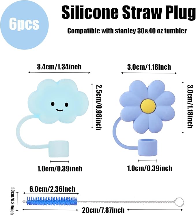6Pcs Silicone Straw Covers Cap Compatible with Stanley 30&40 Oz Tumblers,0.39in/10mm Cute Cloud & Flower Straw Toppers for Stanley Cup Accessories,Reusable Dust-Proof Drinking Straw Tips Lids