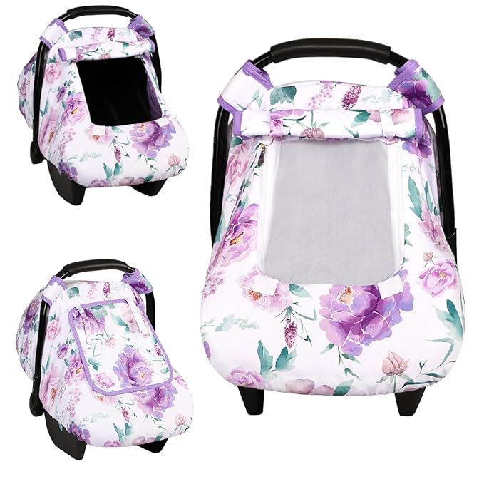 Car Seat Cover Baby, HNHUAMING Infant Car Seat Covers Canopy for Baby Girl Boy, Cozy & Windproof Newborn Carseat Covers Minky Dot Backing Stroller Cover with Breathable Mesh Window, Purple Flower