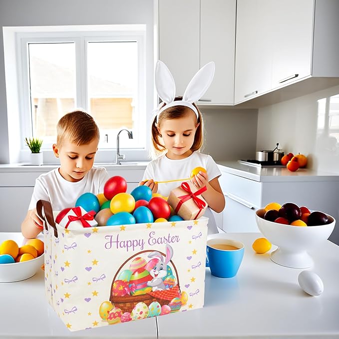 ASKETAM Easter Basket for Kid Large Empty Baby Rectangular Cute Easter Gift Storage Basket Bunny Eggs Décor (Rabbit Purple Bow Tie)