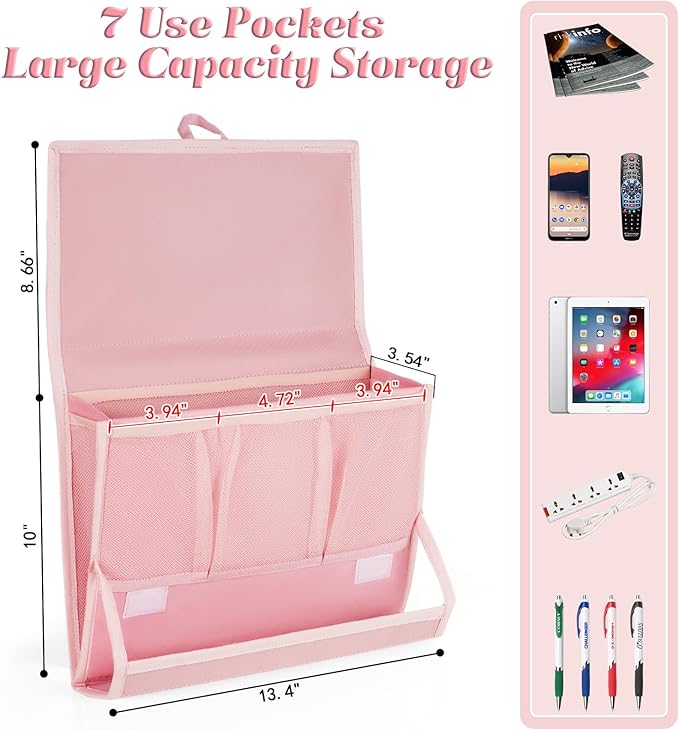 Retyion Bedside Caddy Bedside Storage Organizer Bedside Organizer with Power Strip Holder and 2 Adjustable Straps for Home Bunk Bed College Dorm Sofa (2 Pack Pink)