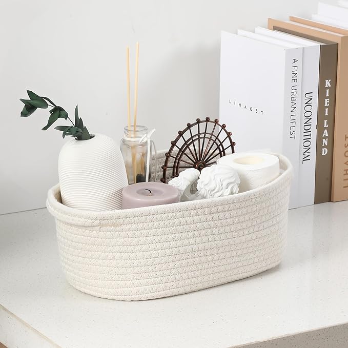 2 Pack Small Woven Basket with Gift Bags and Ribbons, Empty Decorative Gift Chest Box, Cute Baby Gift Basket for Nursery, Cotton Rope Room Shelf Storage Basket with Handles, All 12"x 8"x 5",White