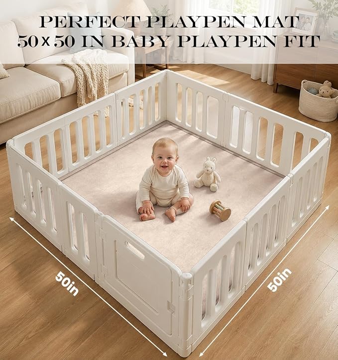 AEOCOO 50x50 Playpen Baby Play Mat for Floor, 1.3" Thick Memory Foam Play Mat for Infants Tummy Time Crawling, CloudSoft Velvet Non Slip, Play Pen, Living Room, Playroom, Tatami Style, Beige