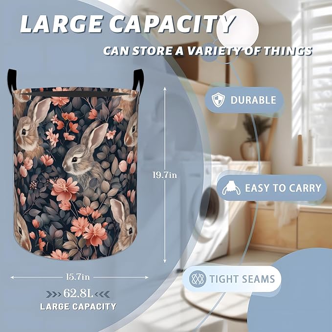 Adorable Rabbit Pink Flowers Foliage Laundry Basket with Handles, 19.7"x15.7" Clothes Foldable Laundry Hamper Organizer for Dorm Nursery Bedroom Bathroom Decor, Toy Storage Bin for Kids