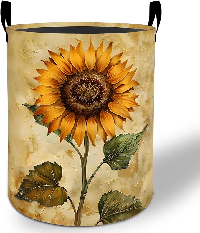 Sunflower Laundry Basket Hamper 19.7"x15.8", Vintage Sunflower Foldable Waterproof Oxford Clothes Storage Bucket for Room Bathroom Bedroom Nursery Decor, Toy Organizer Bins Gifts for Kids Boys Girls