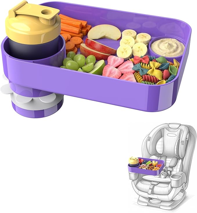 Car Seat Snack Tray for Kids, Mess-Free Square Travel Tray Cup Holder Snack Tray, Durable Car Food Tray for Toddlers, Universal Fit Kids Travel Road Trip Essentials (purple)