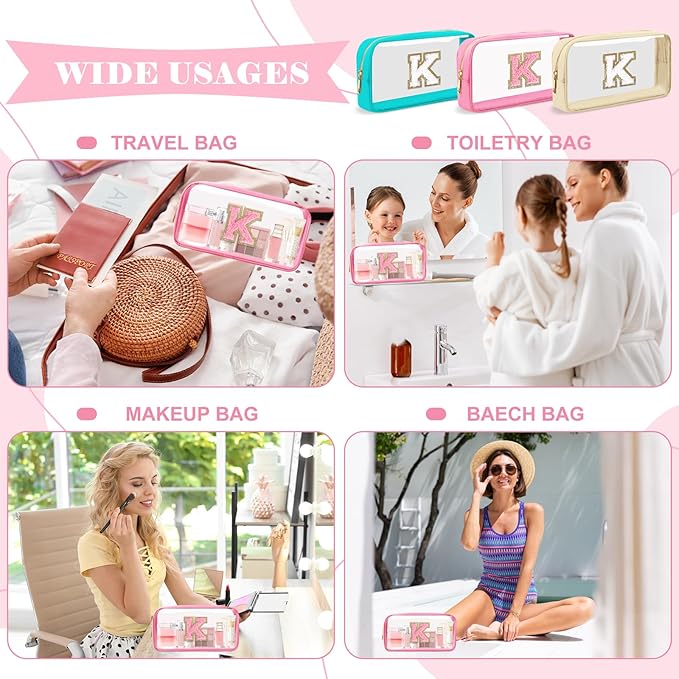 Personalized Initial Letter Clear Makeup Bag,Preppy Small Nylon&PVC Cosmetic Zipper Bag with Chenille Letter,Portable Beach Travel Skincare Toiletry Bag,Trendy Monogram Gift for Teen Girls Women,K