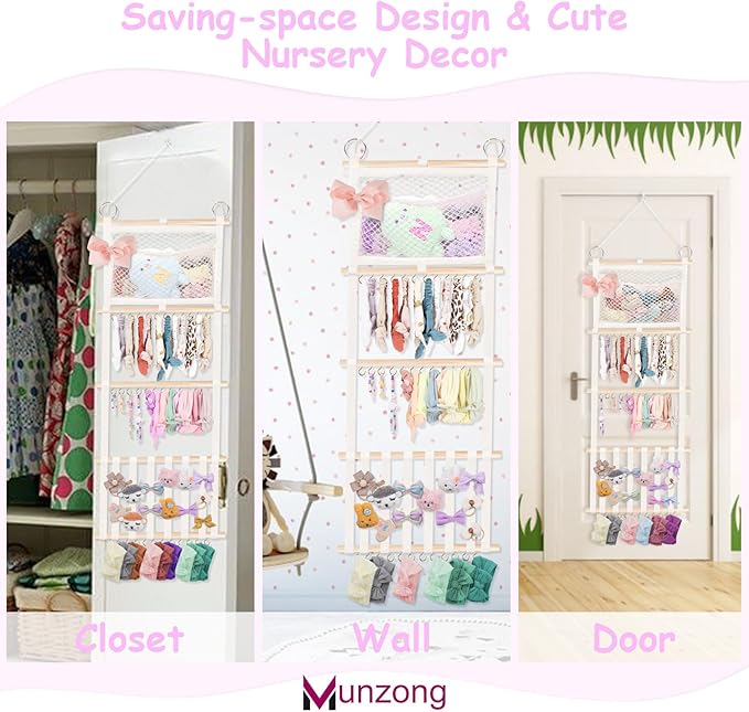 Munzong Headband Holder 52x17 inch, 2 Pack Hair Bow Organizer for Baby Girls, Beige Wall Hanging Headband Organizers w/Storage Net, Hair Accessories Storage Hanger for Toddler Kids Nursery Room Decor