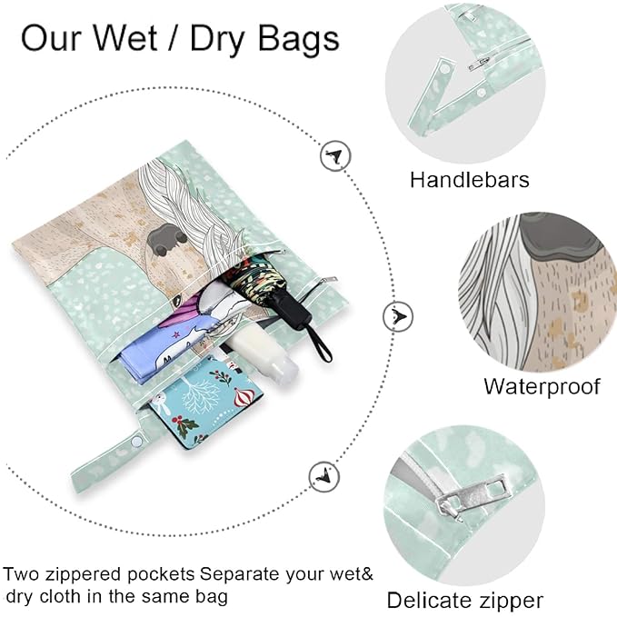 visesunny Cute Horse with Wreath Floral 2Pcs Wet Bag with Zippered Pockets Washable Reusable Roomy for Travel,Beach,Pool,Daycare,Stroller,Diapers,Dirty Gym Clothes, Wet Swimsuits, Toiletries