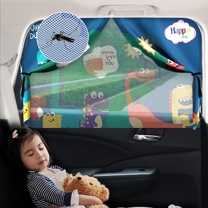 Car Sun Shade for Baby - EOHMAK Car Side Window Sun Shade Cover Upgrade Double Opening Car Interior Curtain Sun Blocker Blind (Dinosaur Family, 1 Pack)