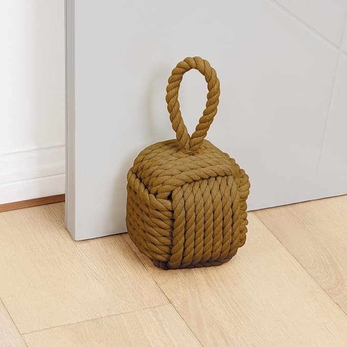 Decorative Door Stoppers - Cute Rope Knot Design, Heavy Duty Weighted Doorstop with Inside Mount for Home & School, Khaki
