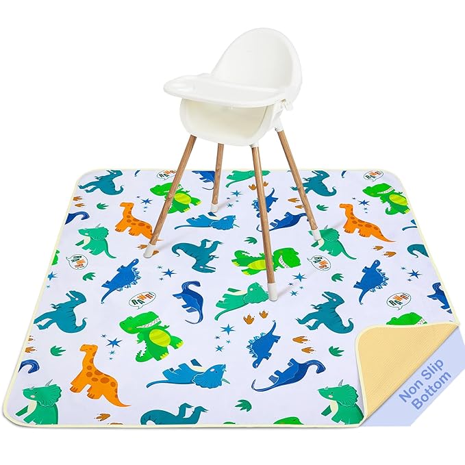 Basumee Splat Mat High Chair Mat Waterproof Baby Play Splat Mat for Under High Chair Food Catcher Highchair Mat for Floor Non Slip Bottom, Green Dinosaur, 51x51 Inches
