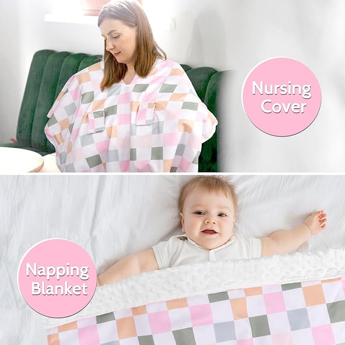 DILIMI Baby Car Seat Cover, Minky Warm Car Seat Covers for Babies, Peekaboo Opening Infant Car Seat Cover, Nursing Cover Carseat Canopy, Colorful Checkered