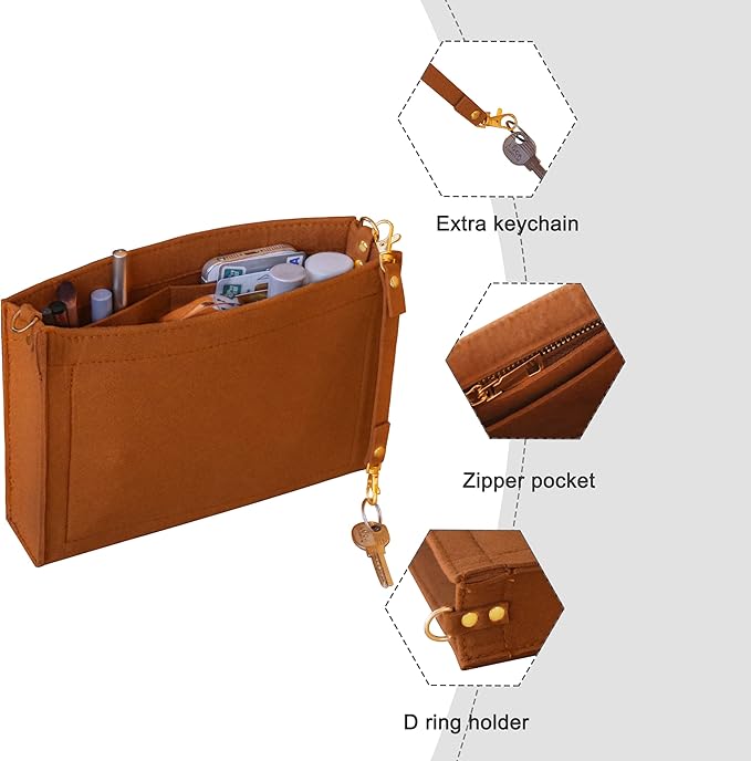 Soyizom Toiletry Pouch 19 26 Bag Organizer Insert for Cosmetics Tidy Organizer,Felt Purse Organizer Insert Ladies Tote Handbag Liner Pocket Organizer with Keychain & Gold Buckle & Zip(Small-19,Brown)