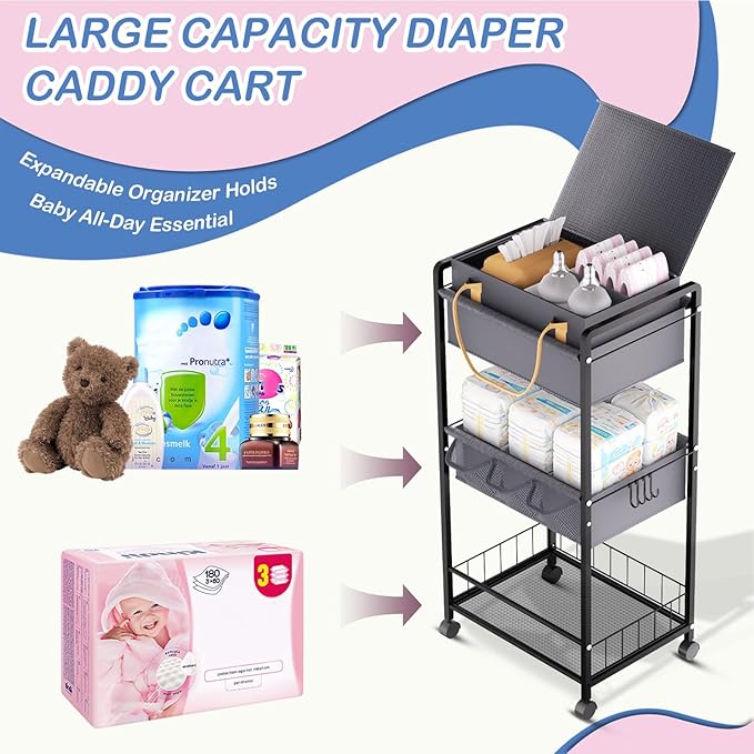 Baby Diaper Caddy Organize-3 Tier RollingDiaper Cart Newborn essentials Diaper2In1 Caddy With Dividers & Removable Diaper Caddy for Nursery Storage Bin CartBedroomBedsideChanging Table & Crib