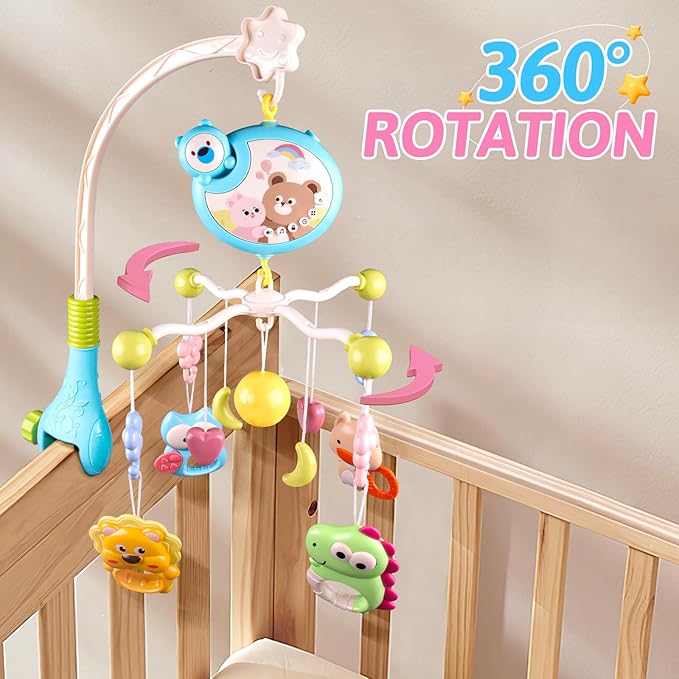 Crib Mobile with Music and Lights, Baby Mobiles for Cribs, Nursery Musical Mobile for Bassinets Toys Hanging Girls Boys, Pack and Play Space Portable Animal Mobile Hanger Arm Clip On Attachment