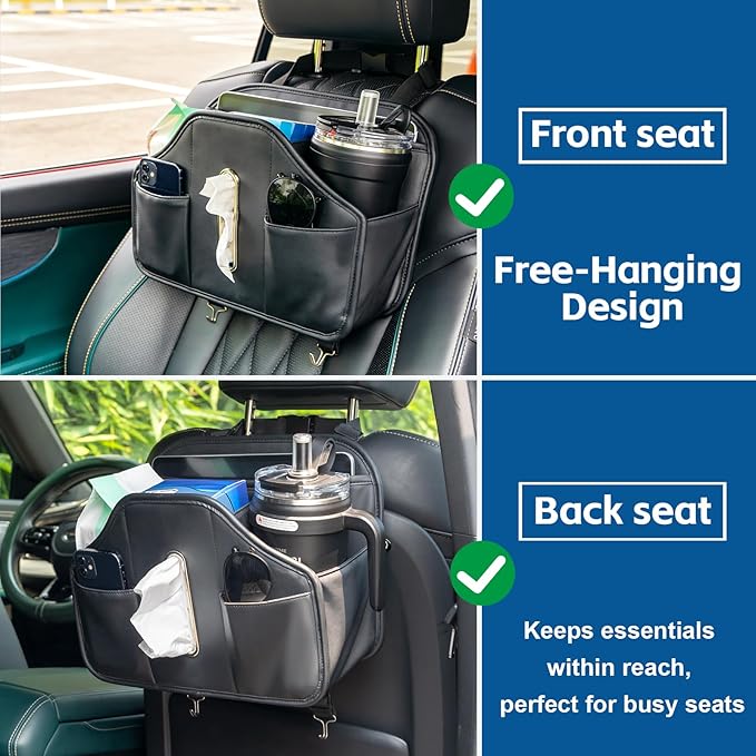 CHOEGIG Multifunctional Car Tissue Holder,Back Seat Organizer with Cup Holder,PU Leather Car Headrest Seat Back Storage,Snack Organizers for Kids,Large Tissue Box Cover Fit Kleenex Tissues(50-230ct)