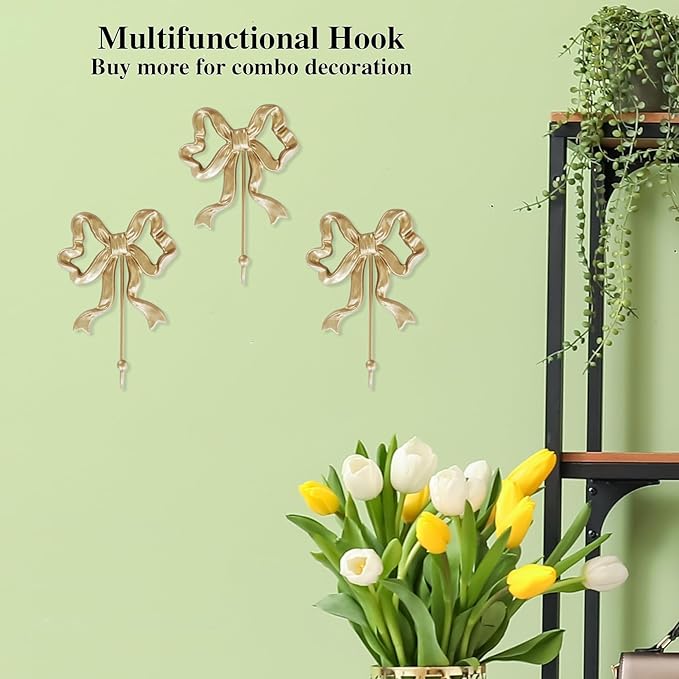 Single Bow Hook,Wall Mounted Functional Hook,Antique Gold Cast Iron Hooks for Coats,Hats,Bags, Bath Towels,Room Decorations,Hallway,Bathroom,Kitchen,Office (Large Single Bow Hooks:5x7.3 inches)