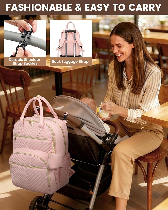 Pritent Diaper Bag Backpack,Baby Essentials Diapers Bag with Pacifier Case,Multipurpose Stylish Large Capacity Travel Backpack for Baby Girl/Boy(L-Pink)