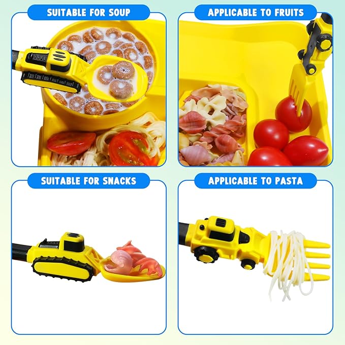 Deinyi Construction Toddler Utensils - Reusable Plastic Toddler Fork and Spoon & Storage Case - Suitable for Kids Utensils - Christmas Gifts and Birthday Gifts for 1 2 3 4 5 6 7 year old, Yellow