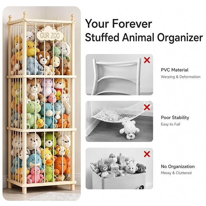 Stuffed Animal Storage Zoo - 54 Inch Large Wooden Toy Organizer | Anti-Tip Design Plushie Storage Rack for Nursery & Playroom | Easy Assembly