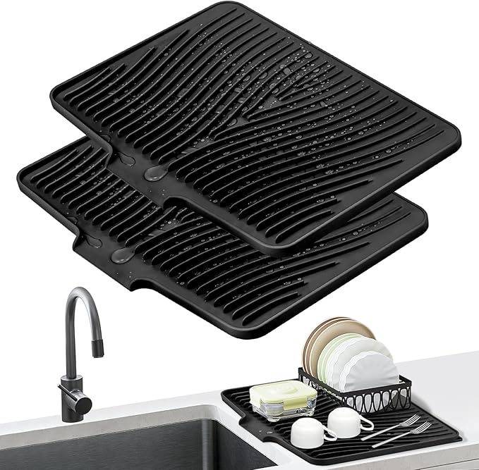 Dish Drying Mat, Stone Drying Mat for Kitchen Counter with Built-in Drain, Non-Slip Drying Matt Kitchen Counter, Heat Resistant Silicone Drying Mat, Dish Drying Pad, 2 Pcs (Black 20" x 15")