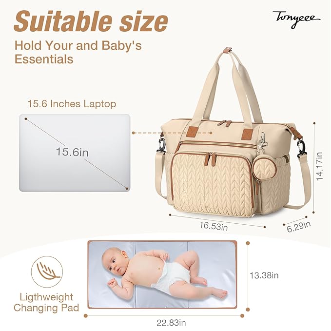 Tonyeee Diaper Bag Tote, Large Baby Diaper Bags Waterproof, Hospital Bag for Labor Delivery with Pacifier Case, Changing Pad, Shoulder Strap, khaki