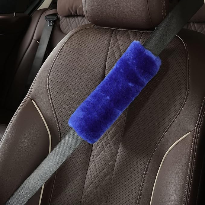 OGLAND Genuine Sheepskin Soft Fuzzy Car Seat Belt Pad Cushion,2 Pack Fluffy Seat Belt Cover for Shoulder Pad Neck Cushion Protector Car Accessories (Blue)