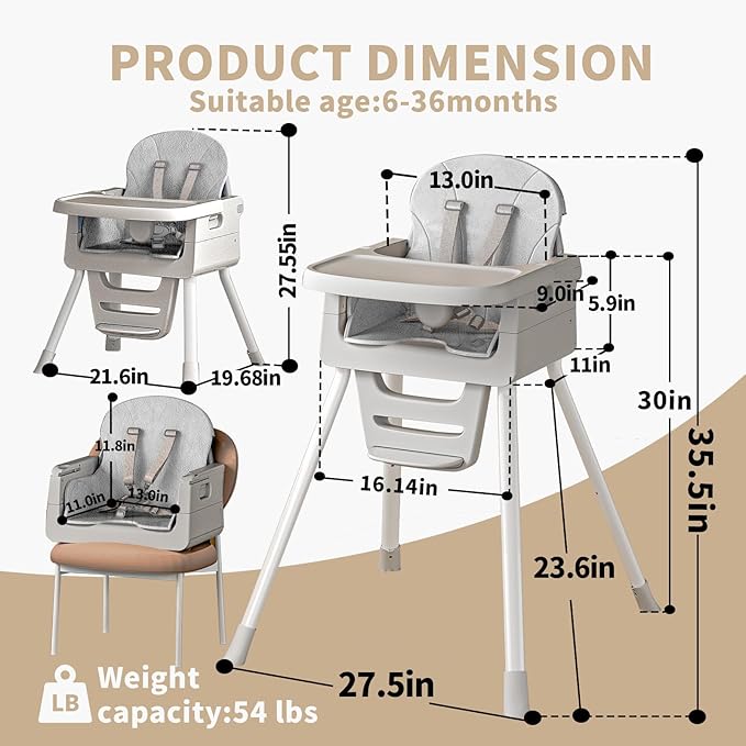 Portable 3 in 1 High Chairs for Babies and Toddlers, Convertible Baby Feeding Chair with Tray, Easy Clean Baby High Chair for Toddler with Foot Rest, Infant Highchairs & Booster Seats with Cush Grey