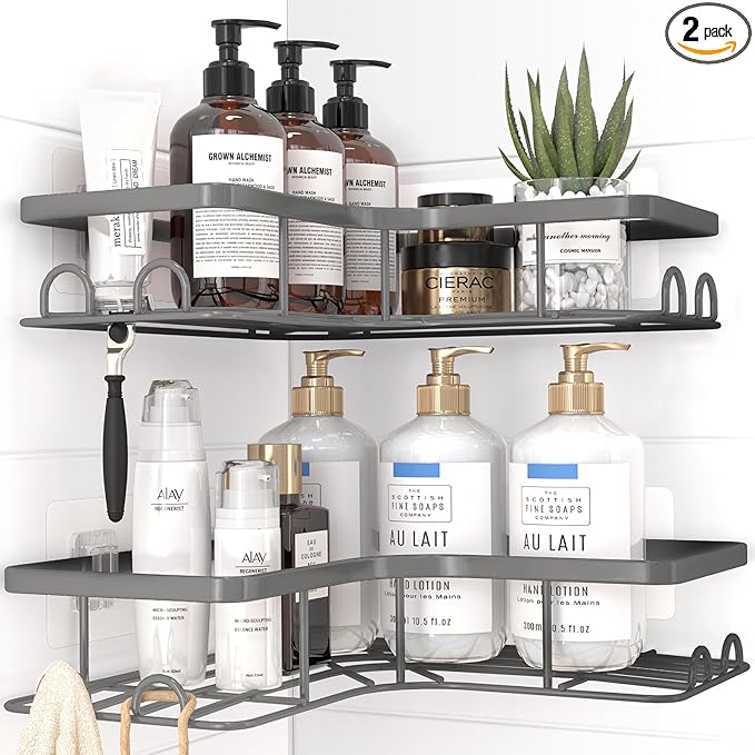 Corner Shower Caddy - 2 Pack, Adhesive Shower Organizers, Rustproof Stainless Steel Shower Shelves with 8 Hooks, No Drilling Bathroom Organizers and Storage Racks, Space-Saving, Grey, Large