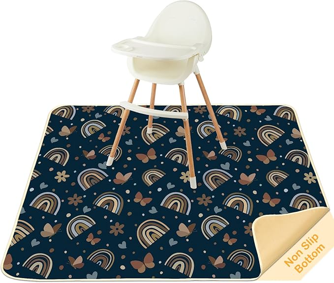 Splat Mat for Under High Chair 42 x 42 Inch Waterproof Baby Splash Mat with Non Slip Bottom Reusable Portable Highchair Mat for Floor Food Catcher for High Chair, Navy Rainbow