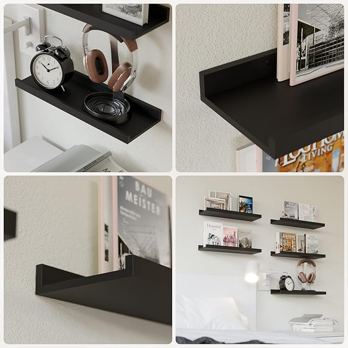 RICHER HOUSE 5 Set Floating Wall Mounted Shelves, Black Shelves for Wall Decor, Modern Picture Ledge Shelf with Lip for Storage, Nursery, Bedroom, Living Room, Bathroom - Black (Pack of 2)