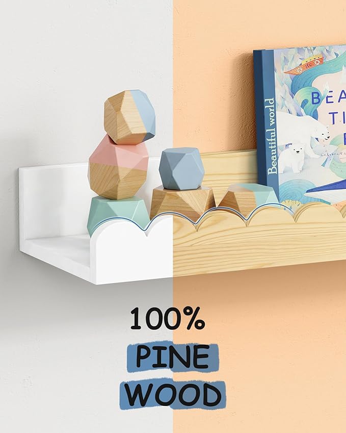 Scalloped Nursery Floating Shelves for Wall Set of 4, White Kids Book Shelves Wall Mounted, Cloud Hanging Bookshelf for Baby Toddler Child Girls Boys Room Bathroom Bedroom Toys (Pine Wood)